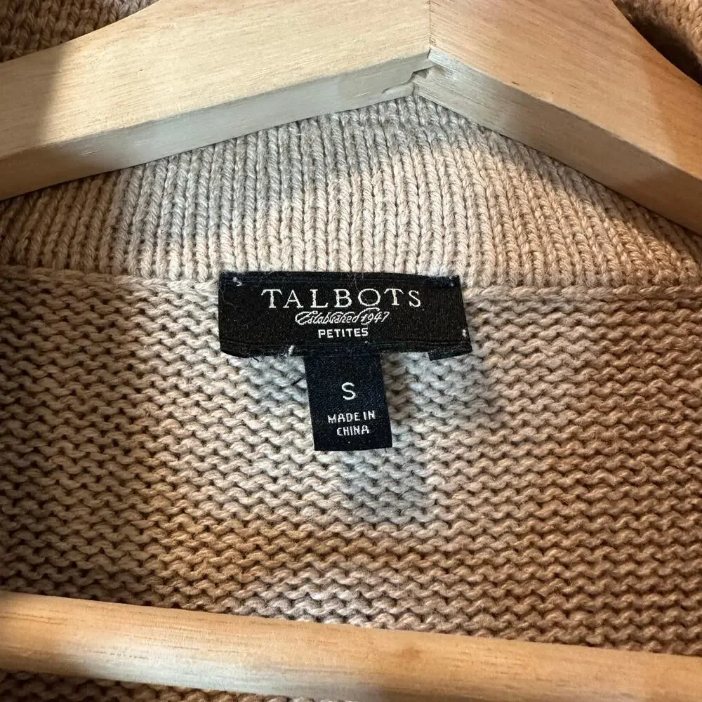 Talbots Petites Double Breasted Cardigan Sweater Collar Beige Tan S SP PS